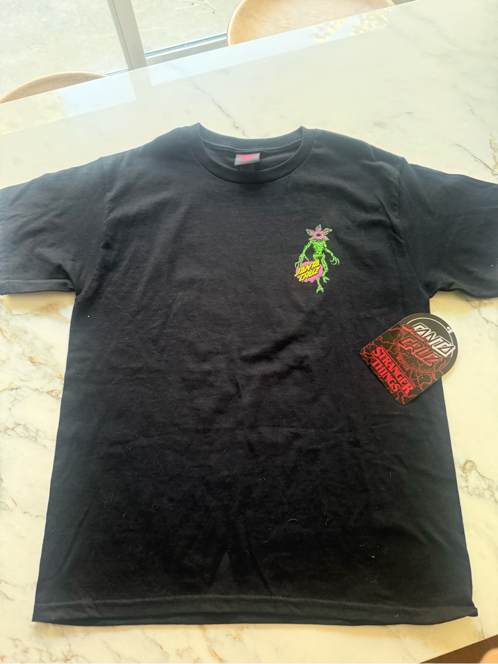 Santa Cruz Skateboards Black Tee with Neon Green and Pink Graphic